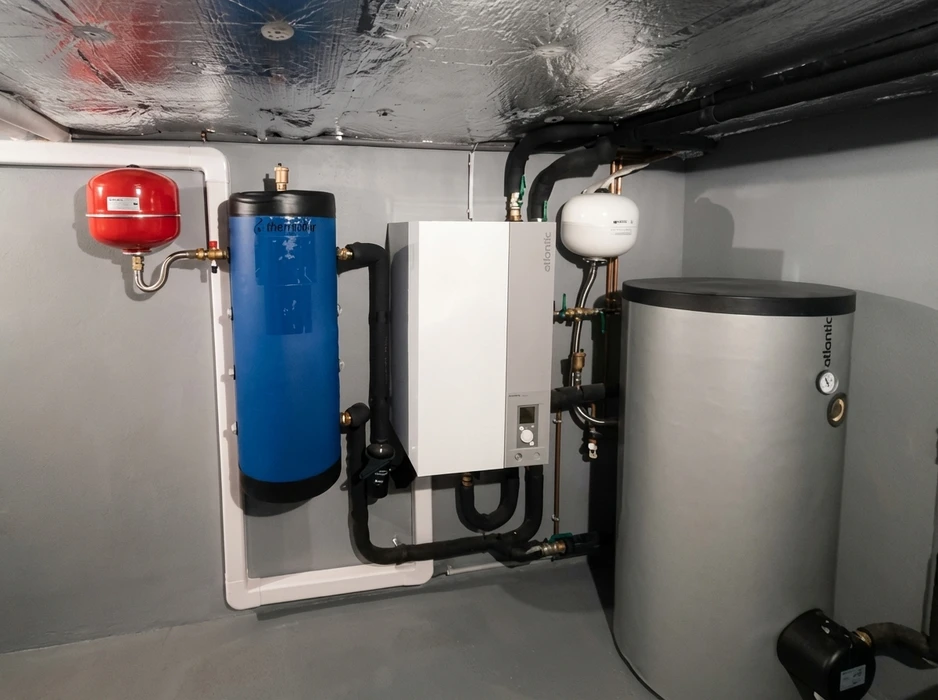 Chaufferie technique en sous-sol, murs gris, isolation réfléchissante au plafond