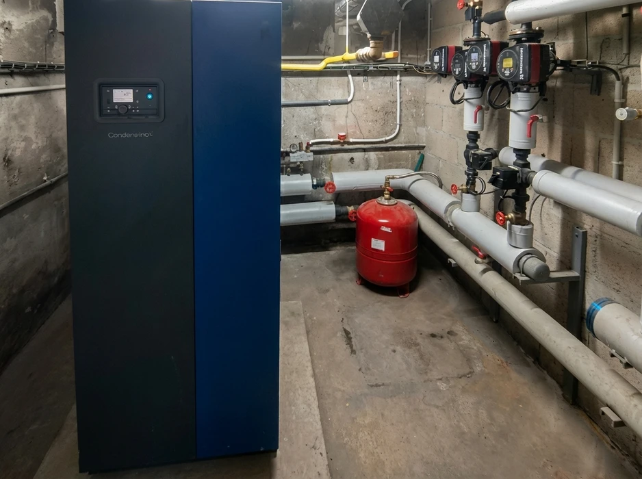 Chaufferie en sous-sol avec chaudière à condensation murale bleue marine (Condensino), tableau hydraulique comprenant circulateurs Grundfos, vase d'expansion rouge au sol, réseau de tuyauteries PVC et acier avec vannes d'isolement, robinets à boisseau sphérique et disconnecteurs