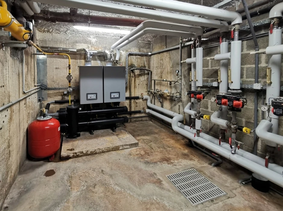 Chaufferie technique en sous-sol avec mur en parpaings