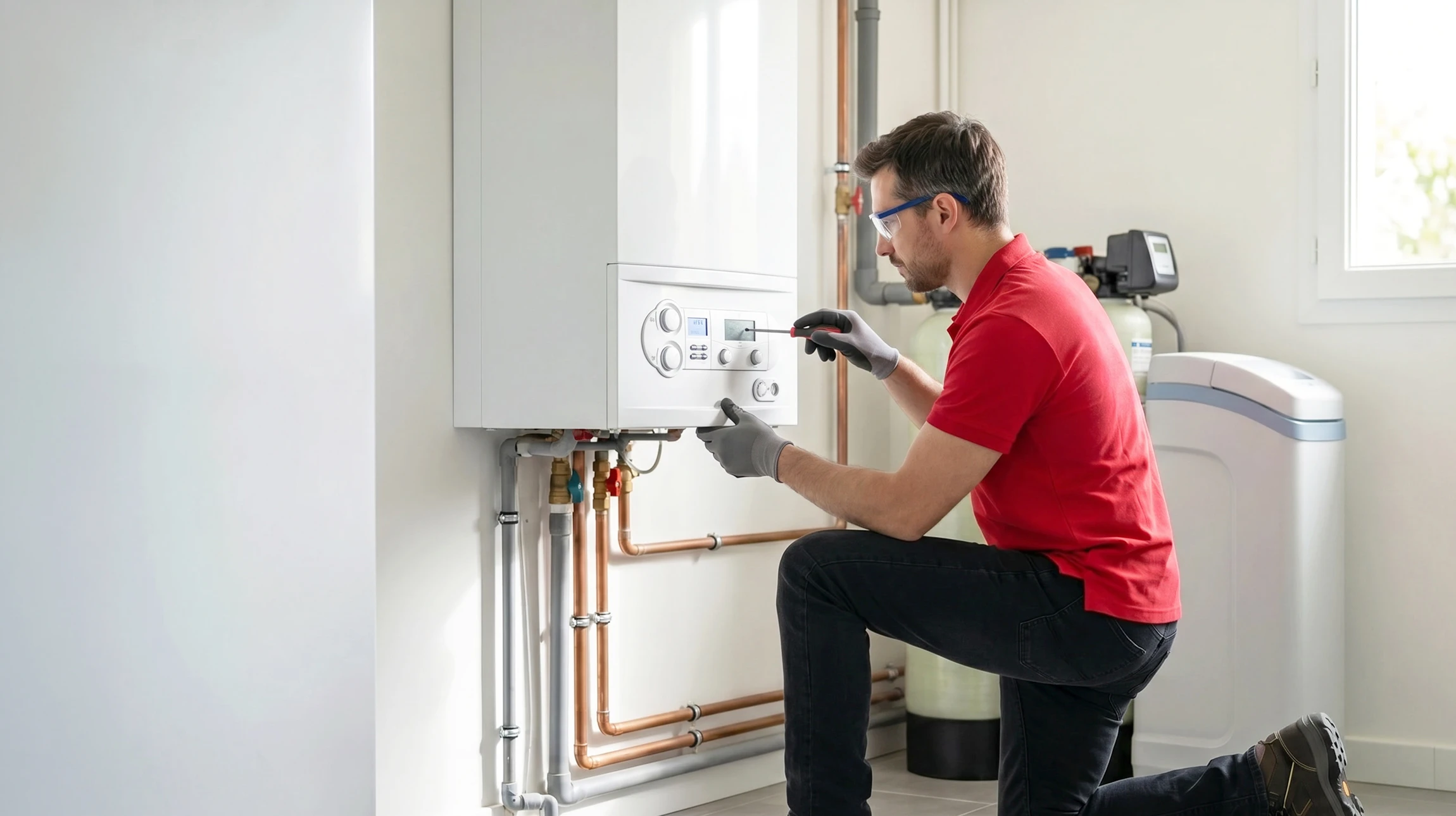 Un technicien en combinaison de travail professionnelle effectuant un entretien ou une inspection d'une chaudière gaz ou d'une pompe à chaleur dans un intérieur résidentiel, vérifiant ou ajustant l'équipement. L'image capture un moment professionnel authentique de maintenance préventive, montrant la relation de proximité entre le technicien et l'équipement de chauffage, illustrant ainsi les contrats d'entretien proposés.