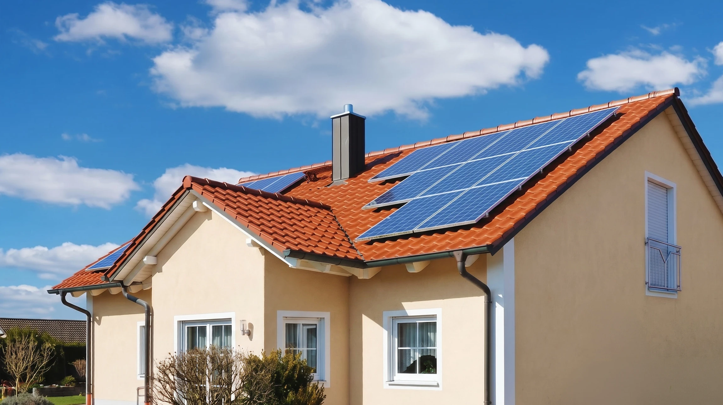 Technicien en tenue professionnelle installant une pompe à chaleur air-air sur la façade externe d'une maison résidentielle, avec climatiseur intérieur visible en arrière-plan, par temps ensoleillé, illustrant une installation de système de chauffage et climatisation moderne.