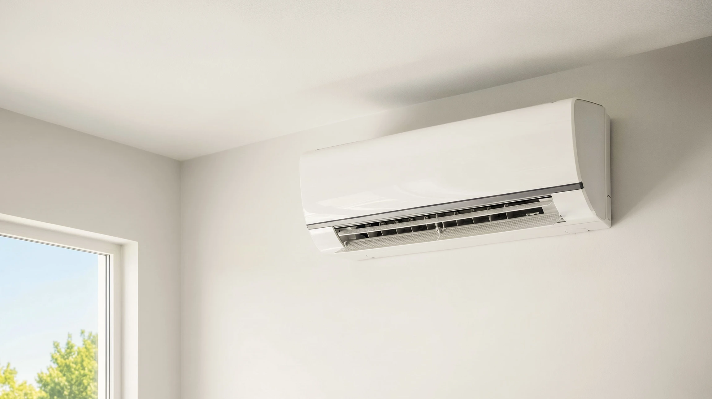 Intérieur résidentiel avec climatiseur mural blanc installé en hauteur sur mur beige