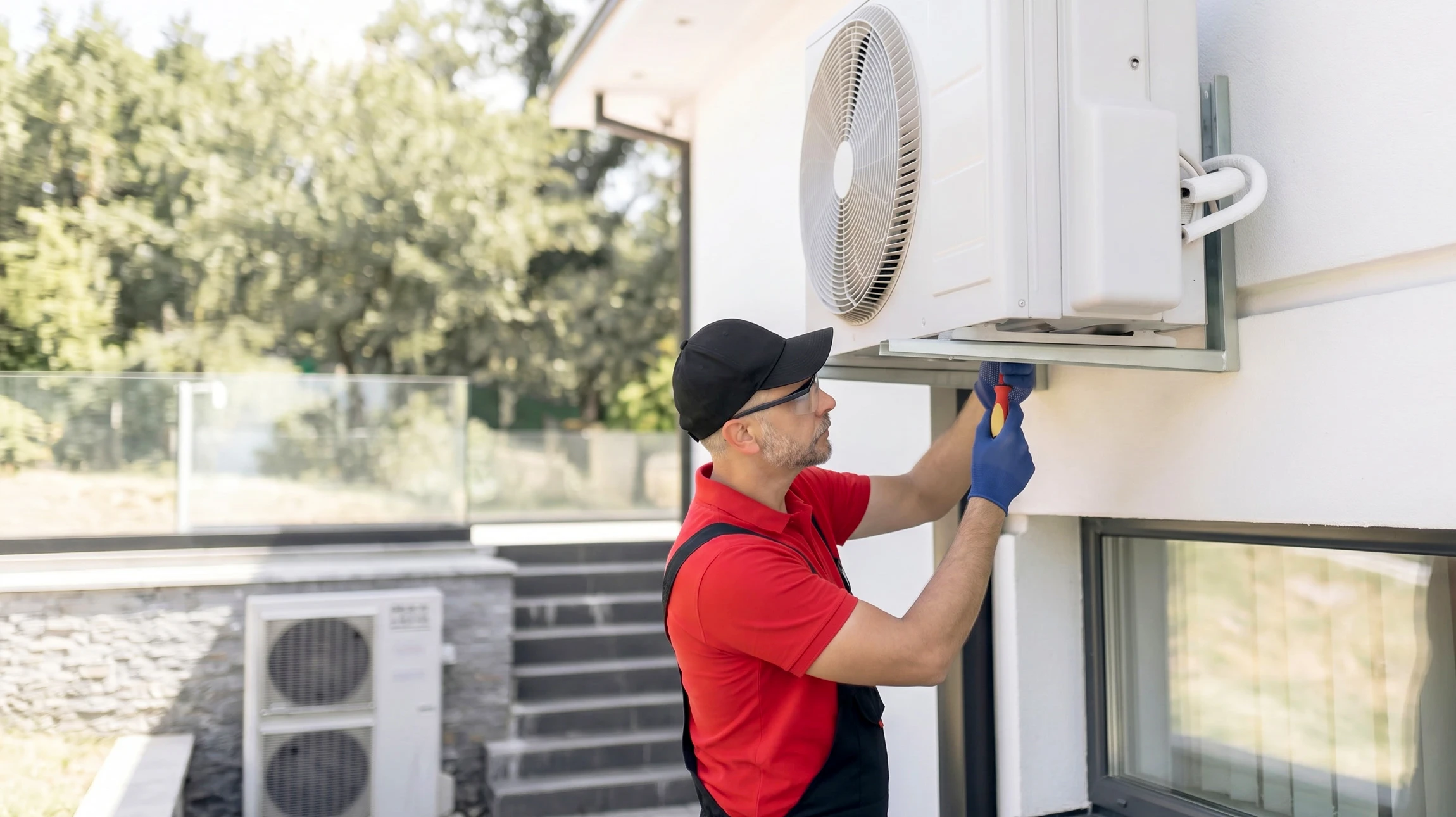 Technicien en combinaison blanche effectuant la maintenance d'une unité extérieure de climatisation sur terrasse ensoleillée