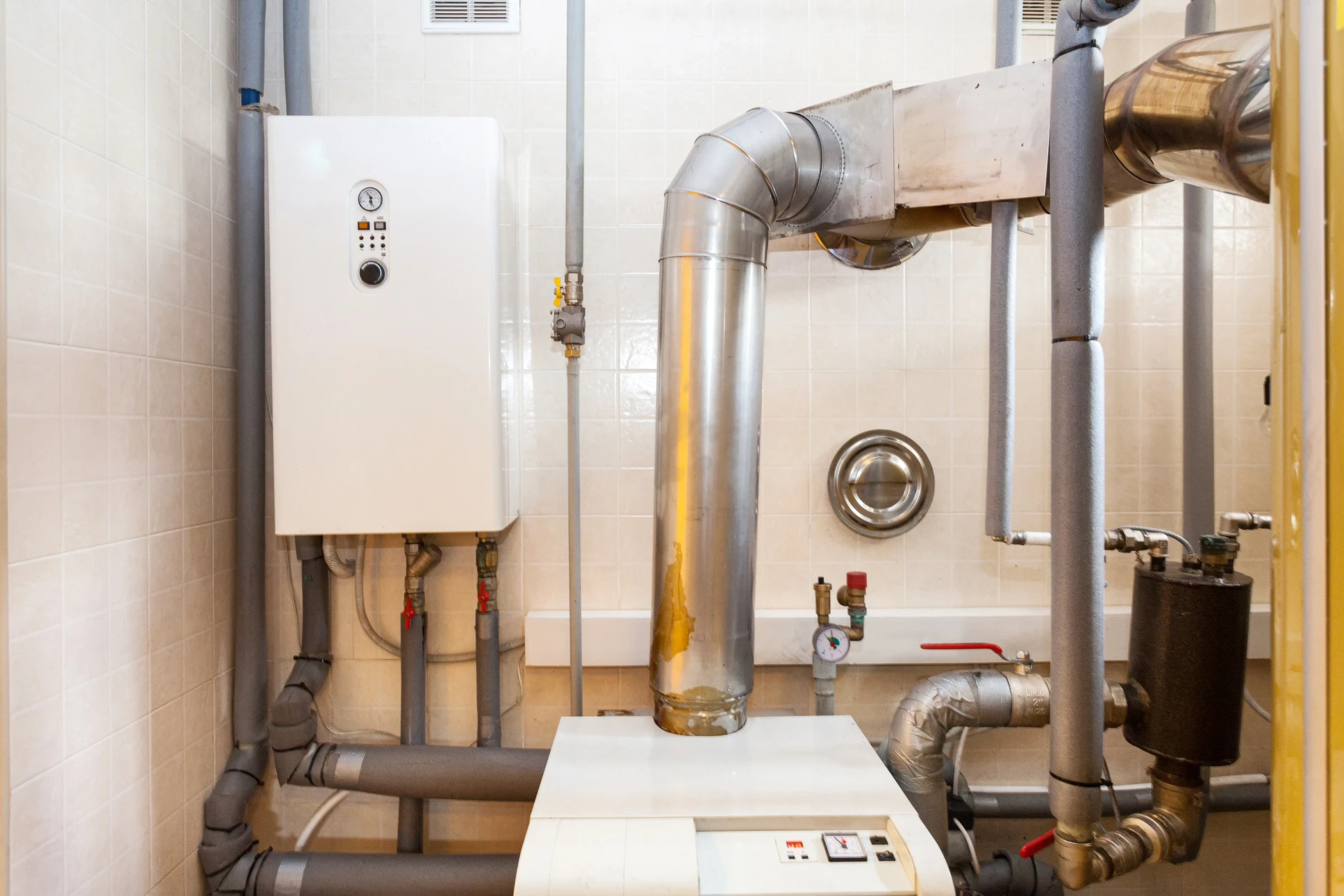Un technicien qualifié en tenue de travail effectuant l'entretien d'une chaudière fioul domestique, inspecter ou nettoyer les composants internes de l'appareil dans une chaufferie d'habitation. La chaudière fioul doit être clairement visible et en bon état. L'image doit montrer le professionnel en action, illustrant le service de maintenance professionnelle offert par l'entreprise.